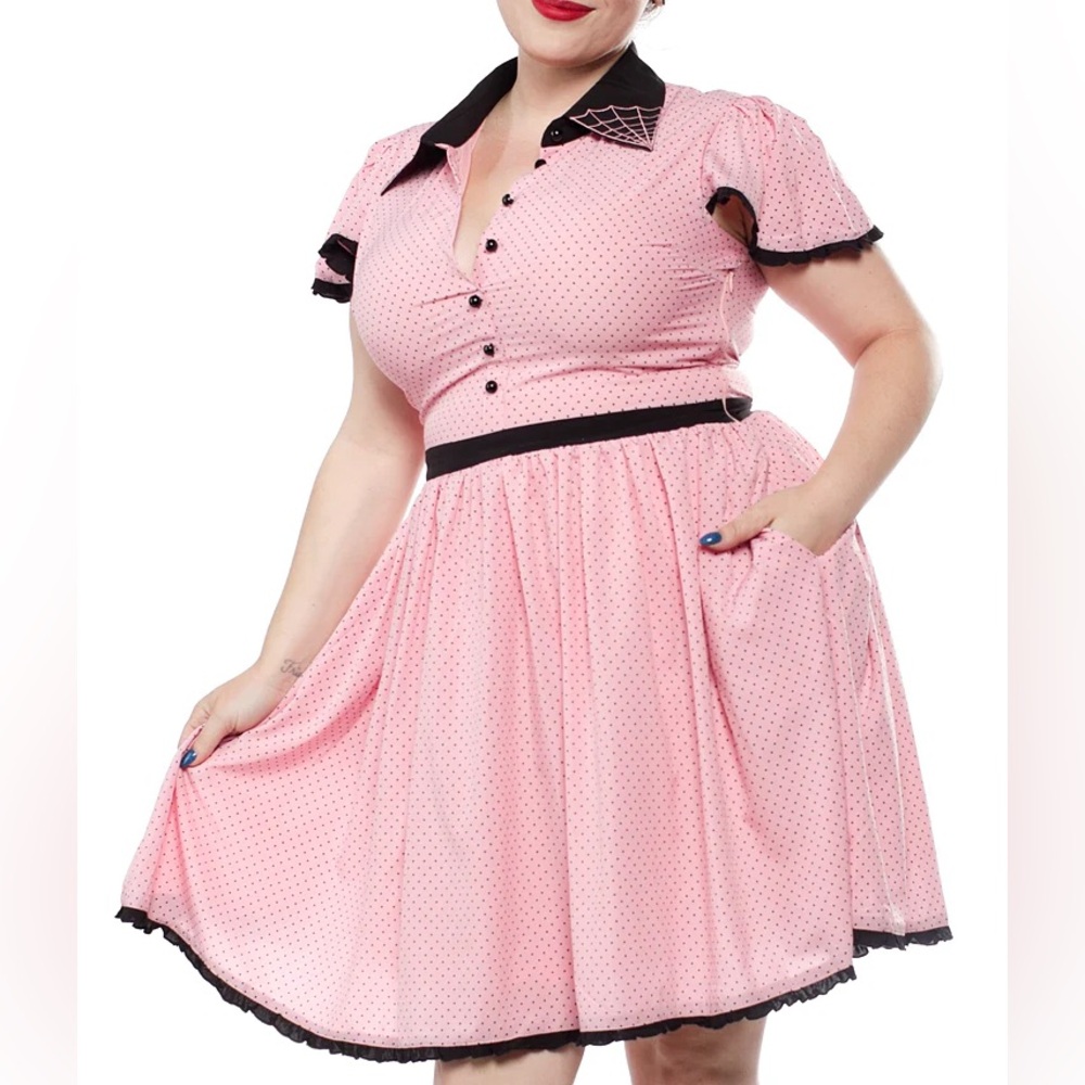 Sourpuss Polka Dot Spiderweb Lydia Dress in Pink